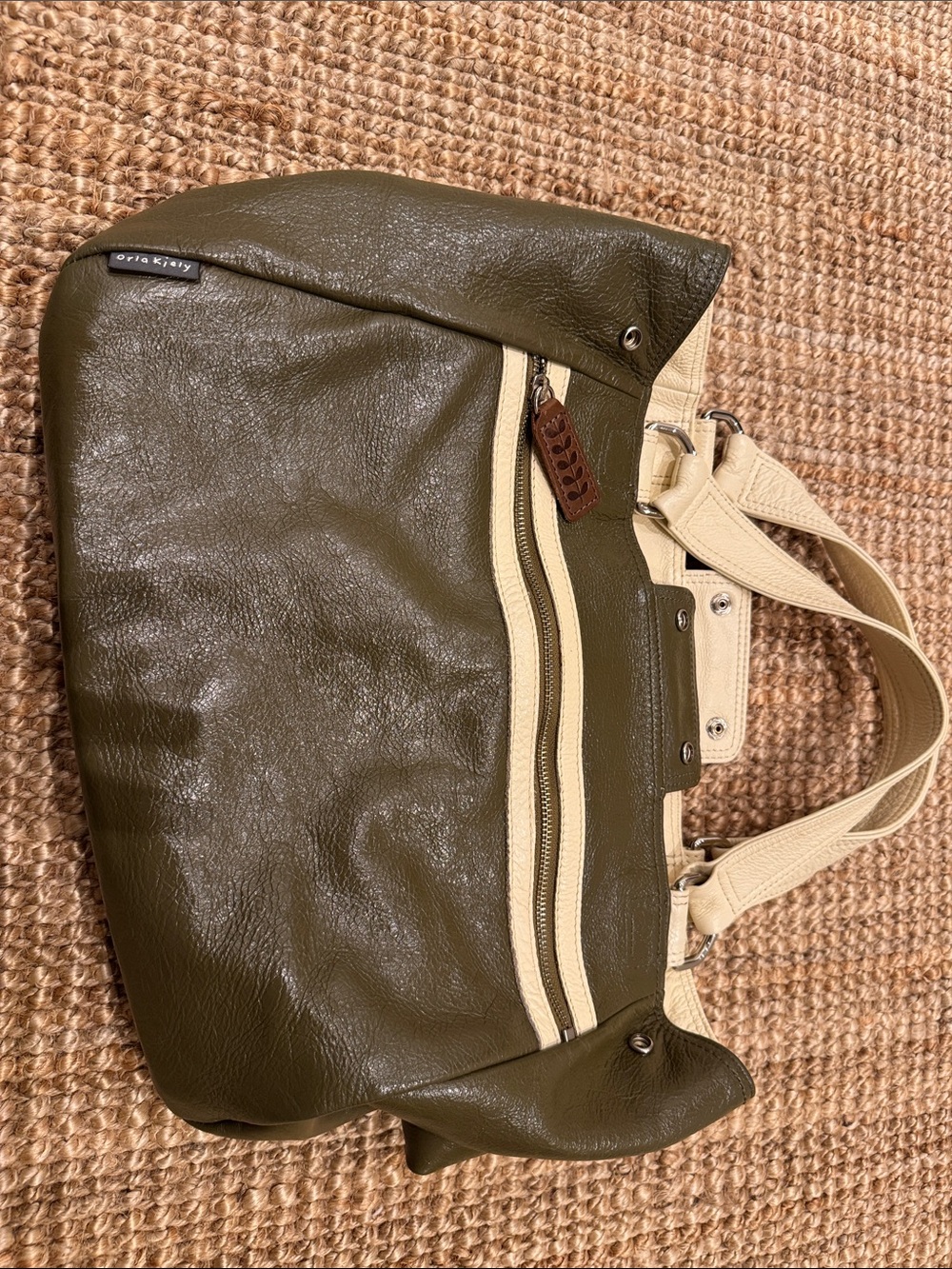 Orla Kiely Olive Green and Cream Leather Satchel